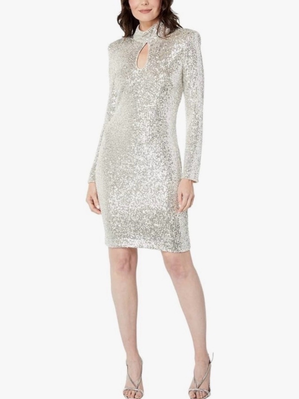 Vince Camuto Silver Sequin Long-Sleeve Keyhole Dress